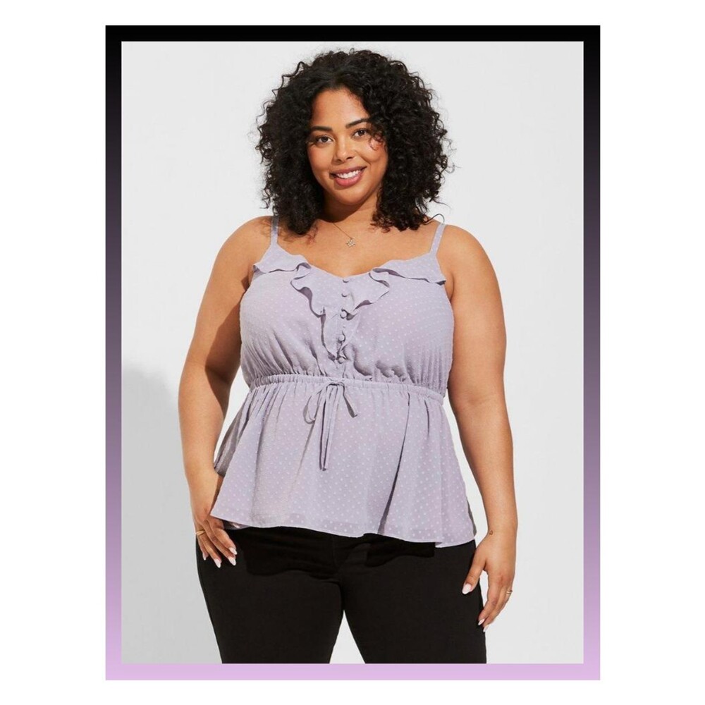 NWT Torrid 4X Lilac Gray Chiffon Clip Dot Ruffle Tie Waist Tank Top Size 26